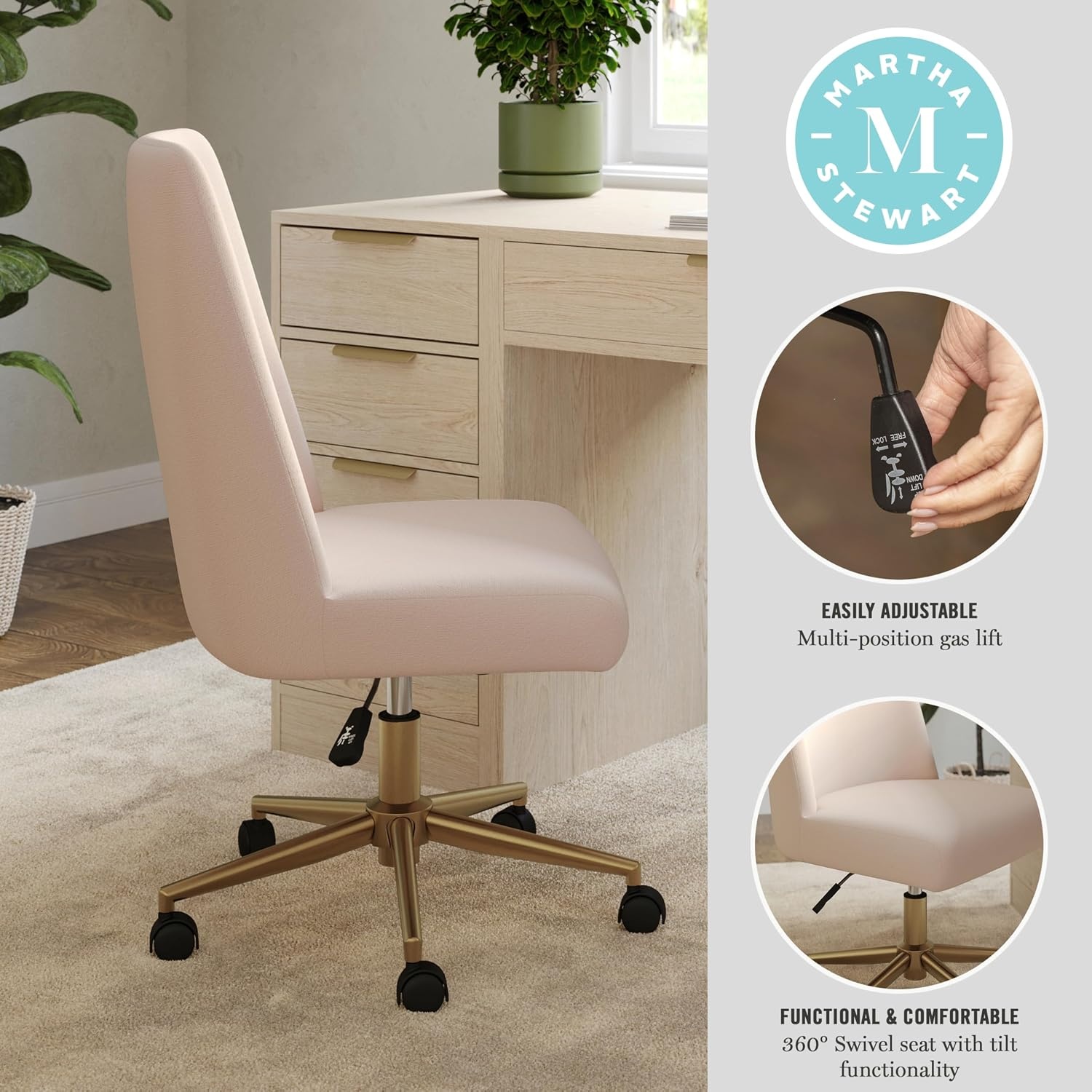 image:imageMartha Stewart Maeve Upholstered Office Chair Beige StripeConch Shell FabricPolished Brass Frame