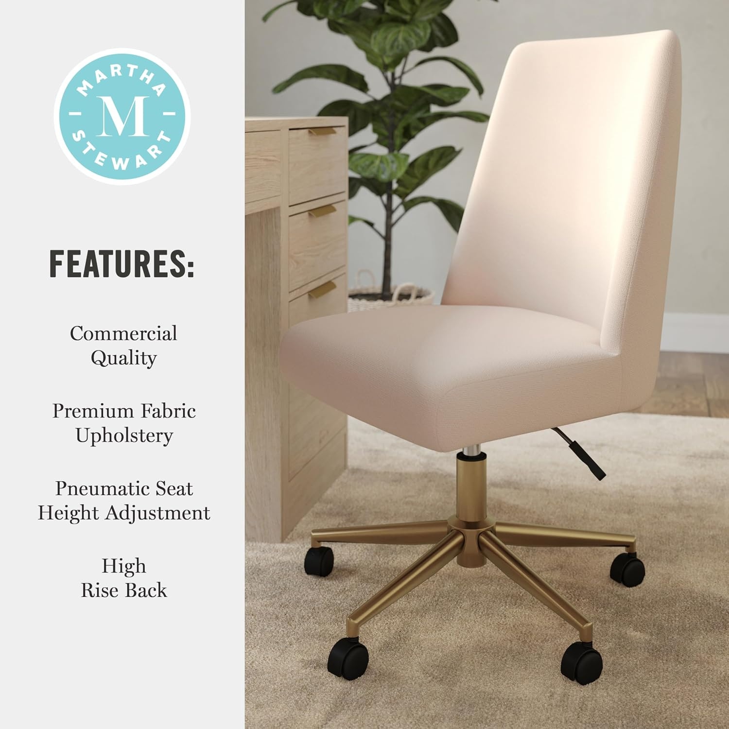 image:imageMartha Stewart Maeve Upholstered Office Chair Beige StripeConch Shell FabricPolished Brass Frame