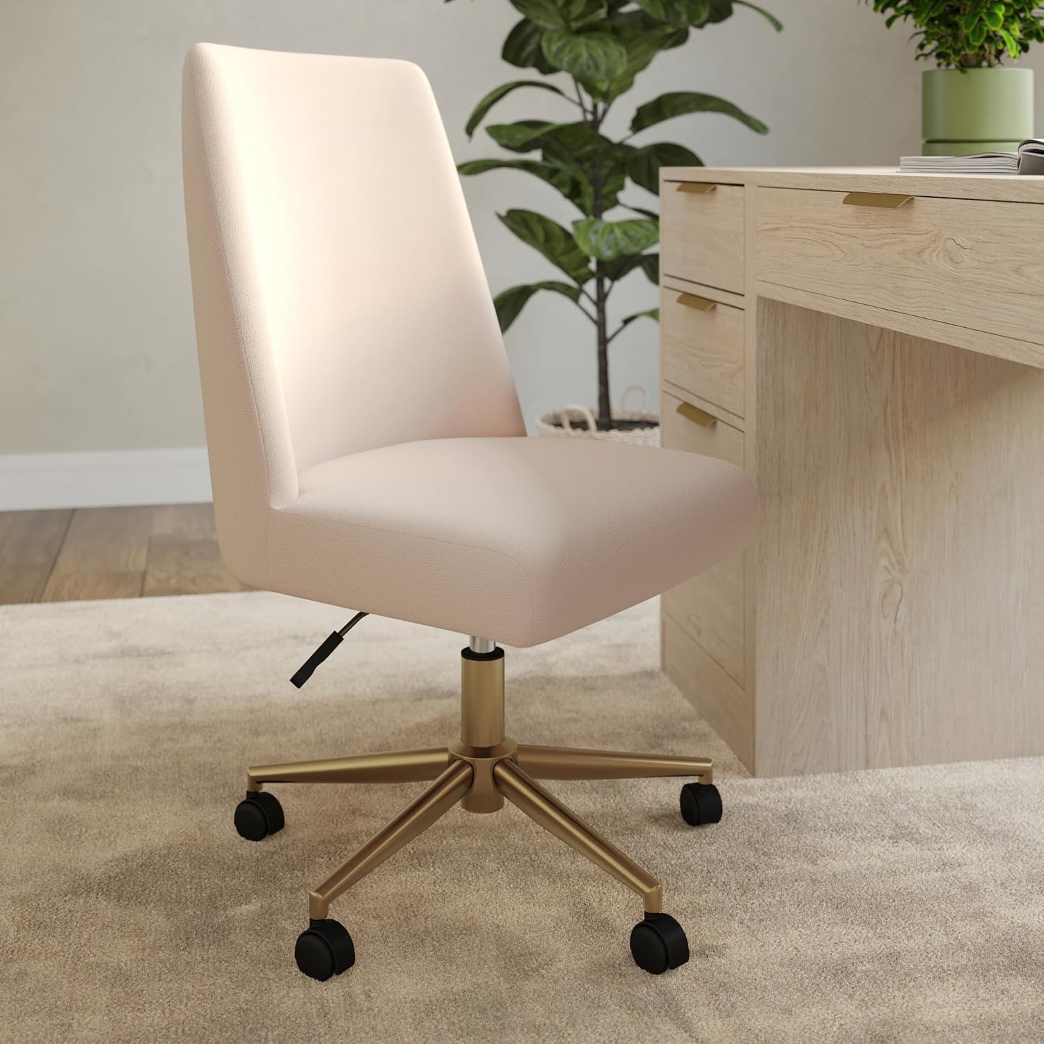 image:imageMartha Stewart Maeve Upholstered Office Chair Beige StripeConch Shell FabricPolished Brass Frame