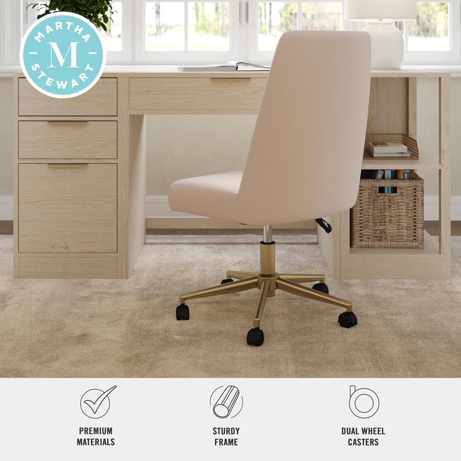 image:imageMartha Stewart Maeve Upholstered Office Chair Beige StripeConch Shell FabricPolished Brass Frame