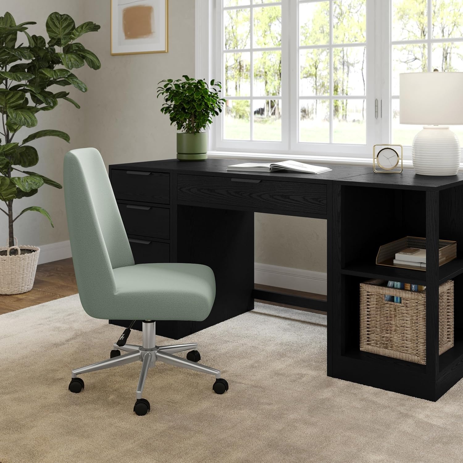 image:imageMartha Stewart Maeve Upholstered Office Chair Beige StripeSage FabricPolished Nickel Frame