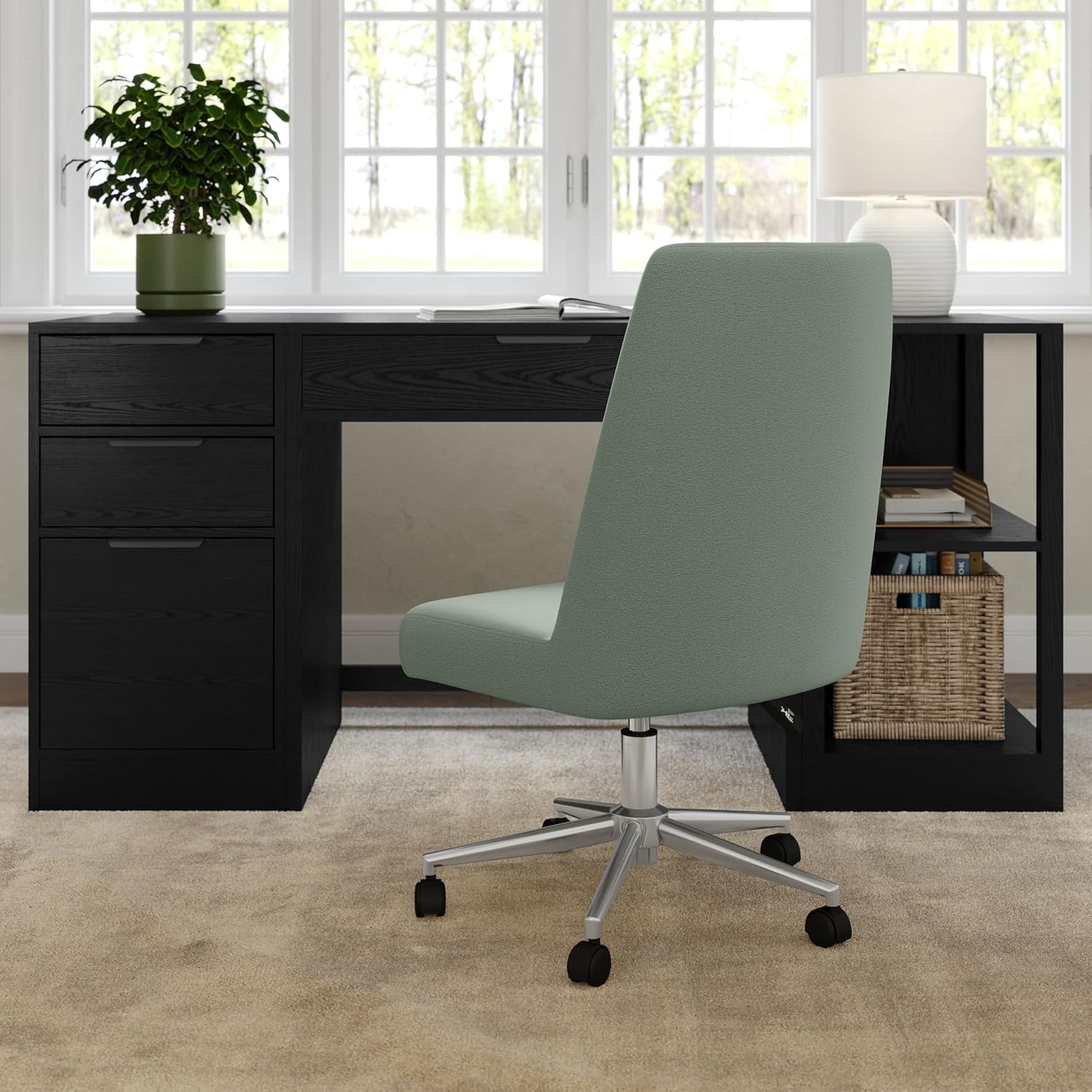 image:imageMartha Stewart Maeve Upholstered Office Chair Beige StripeSage FabricPolished Nickel Frame