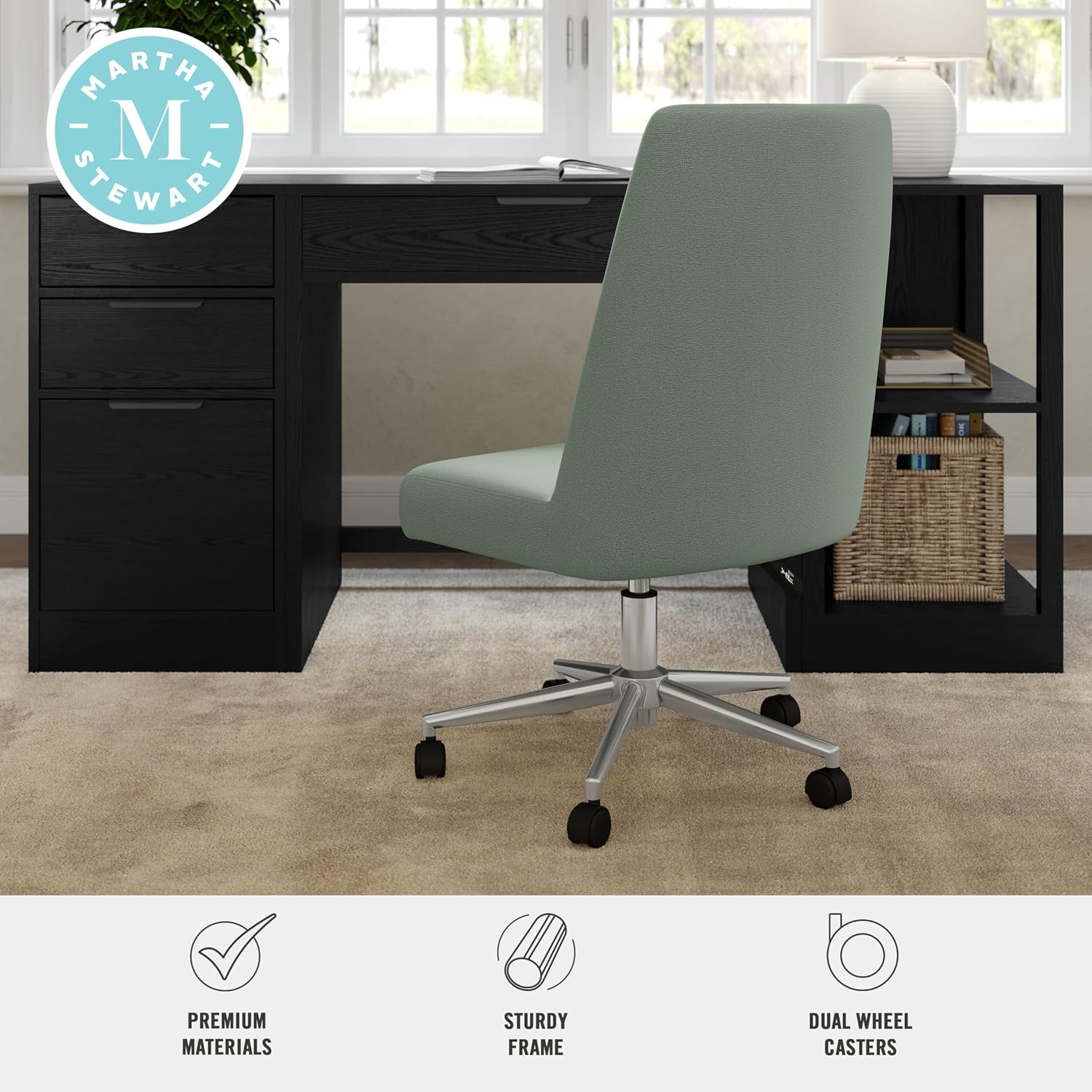 image:imageMartha Stewart Maeve Upholstered Office Chair Beige StripeSage FabricPolished Nickel Frame