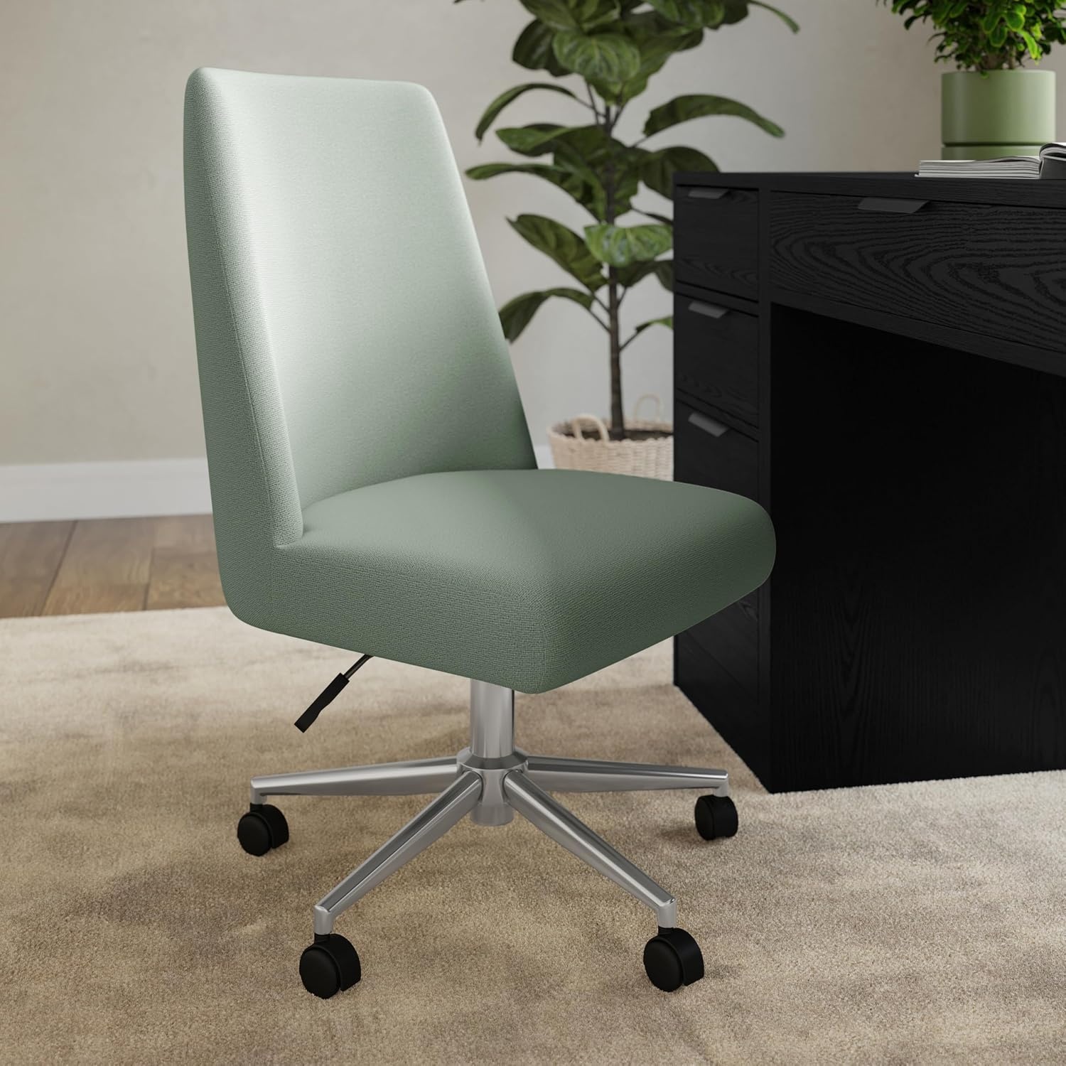 image:imageMartha Stewart Maeve Upholstered Office Chair Beige StripeSage FabricPolished Nickel Frame