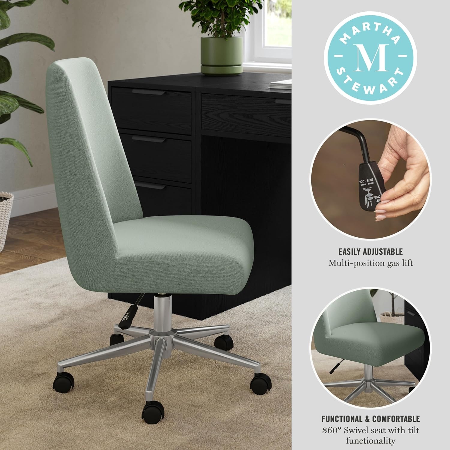 image:imageMartha Stewart Maeve Upholstered Office Chair Beige StripeSage FabricPolished Nickel Frame