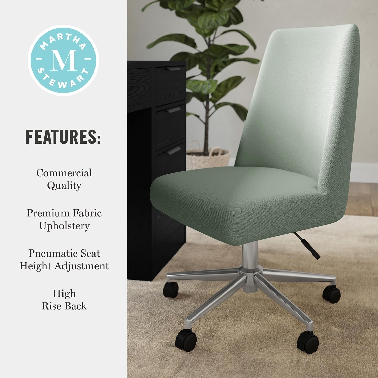 image:imageMartha Stewart Maeve Upholstered Office Chair Beige StripeSage FabricPolished Nickel Frame