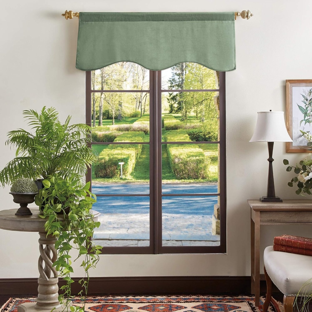 image:imageMartha Stewart Lucca Velvet Lined Scallop Window Curtain 50 W x 18 L Valance PomegranateGreen